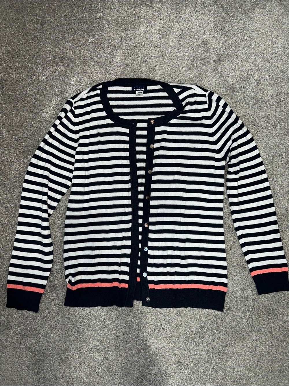 Basic Editions Striped Cardigan Women’s Large Navy White Coral Button Sweater